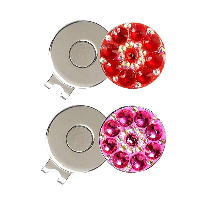PINMEI Crystal Golf Ball Markers Golf Hat Clips Sets Pack of 2 (RED Pink) - Image 1